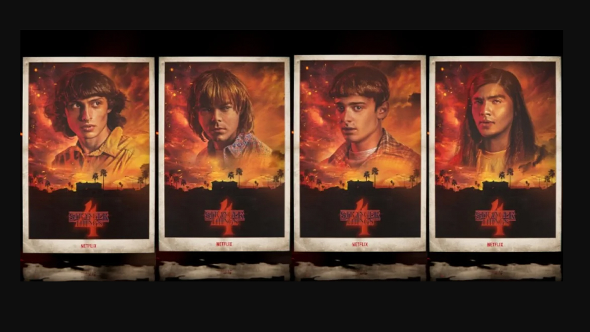 Four Stranger Things posters featuring the characters Mike Wheeler, Jonathan Byers, Will Byers and Argyle