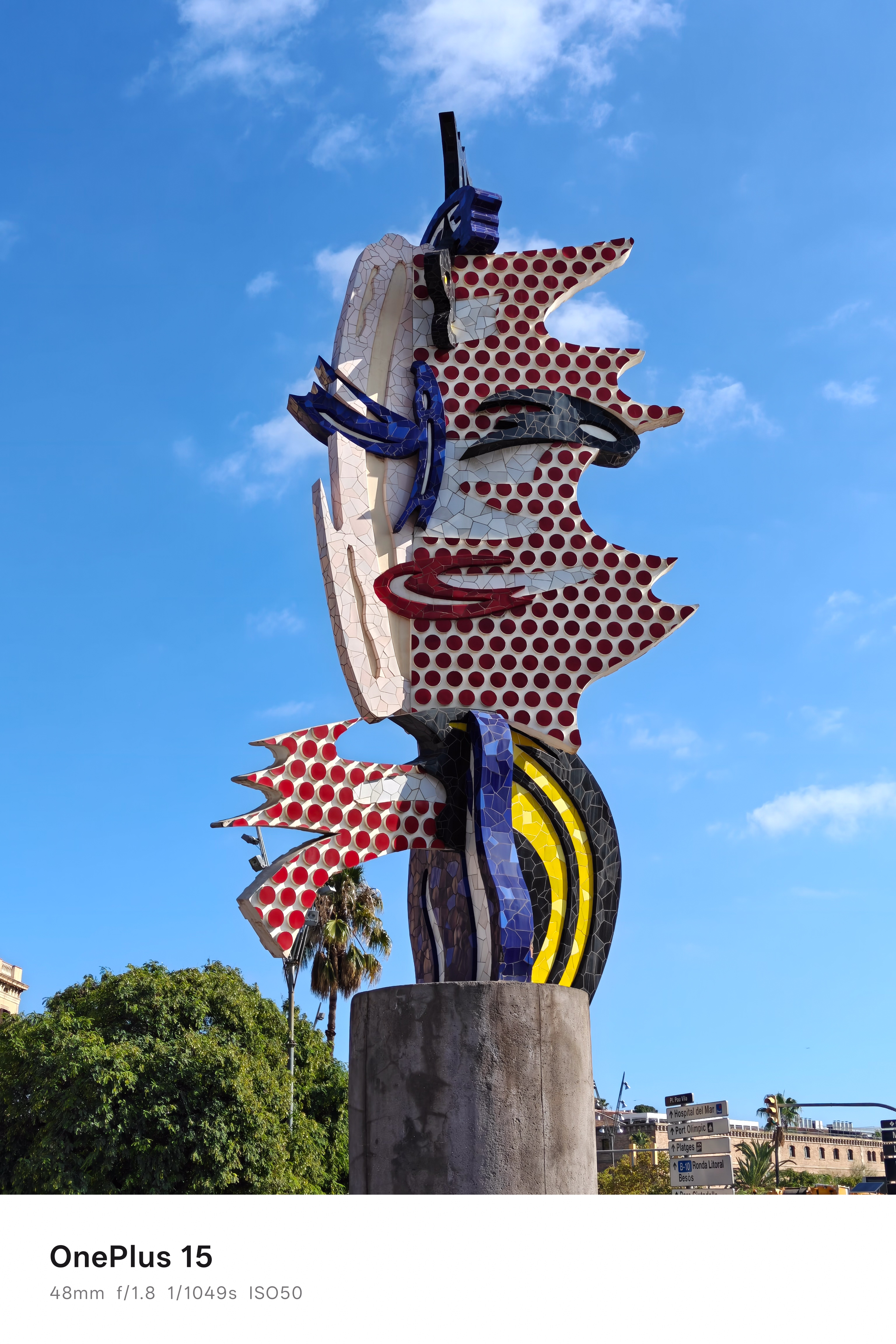 A statue of modern art on a roundabout in Barcelona