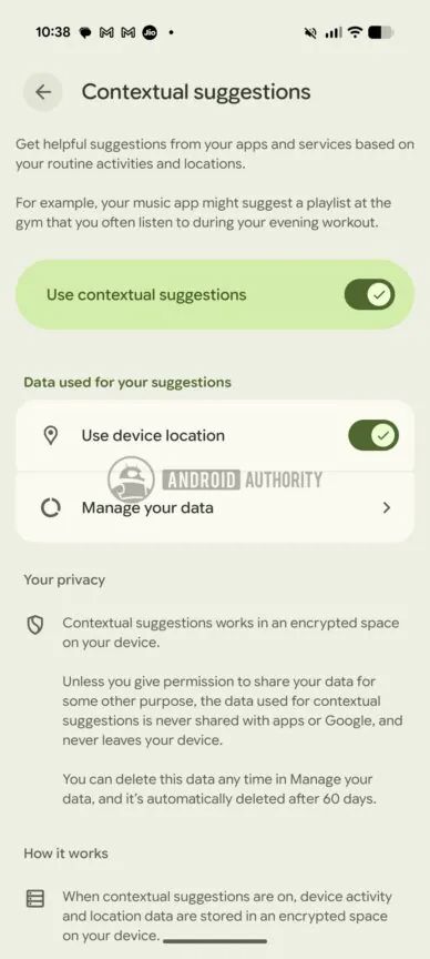 contextual suggestions description page on a Pixel 10