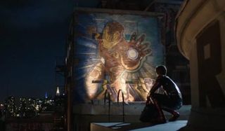 Iron Man mural in NYC with tom Holland's Spider-man in Far From Home