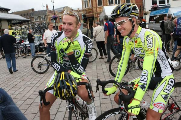 ISD-Neri teammates Ian Stannard and Simon Clarke share a laugh before stage two of the Tour of Britain