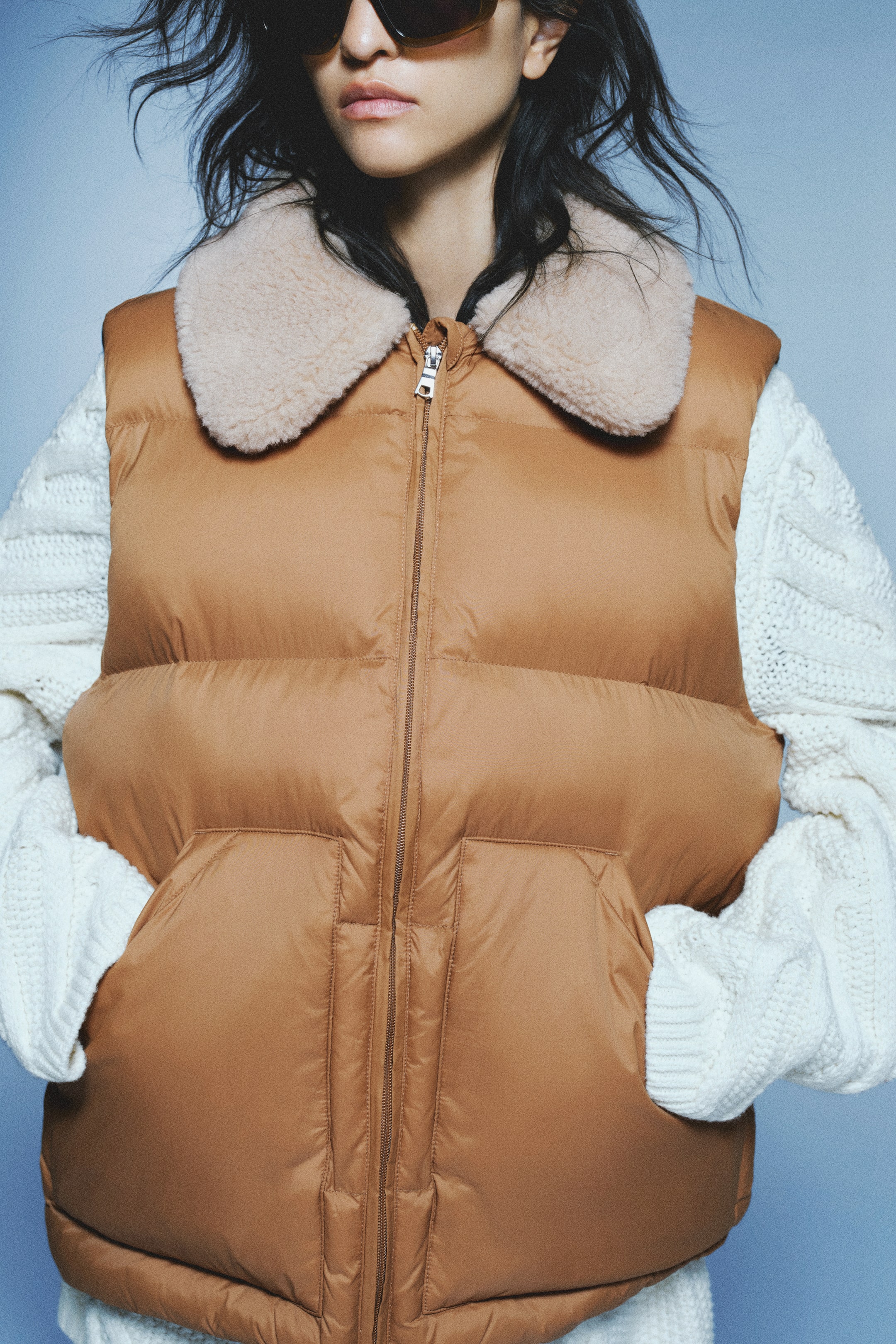 Puffer Vest With Teddy Fleece Collar - Brown