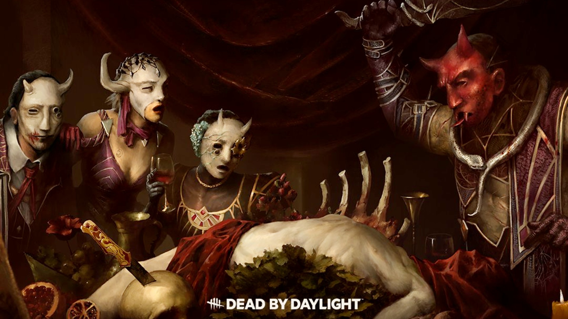Three masked attendees look over the DBD Black Banquet as a masked killer tucks in with a large knife.