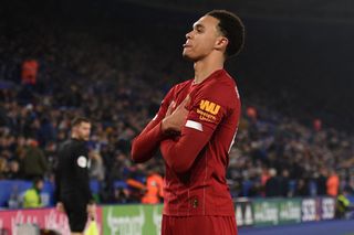 Trent Alexander-Arnold celebrates after scoring the fourth against Leicester City at the King Power Stadium