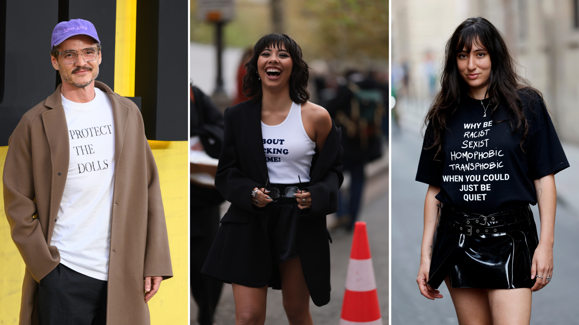 best slogan t-shirts - pedro pascal protect the dolls, stella mccartney about fucking time, street style guest
