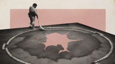 Photo collage of a sumo wrestler sweeping a dohyo. There is a huge tear in the middle of it.