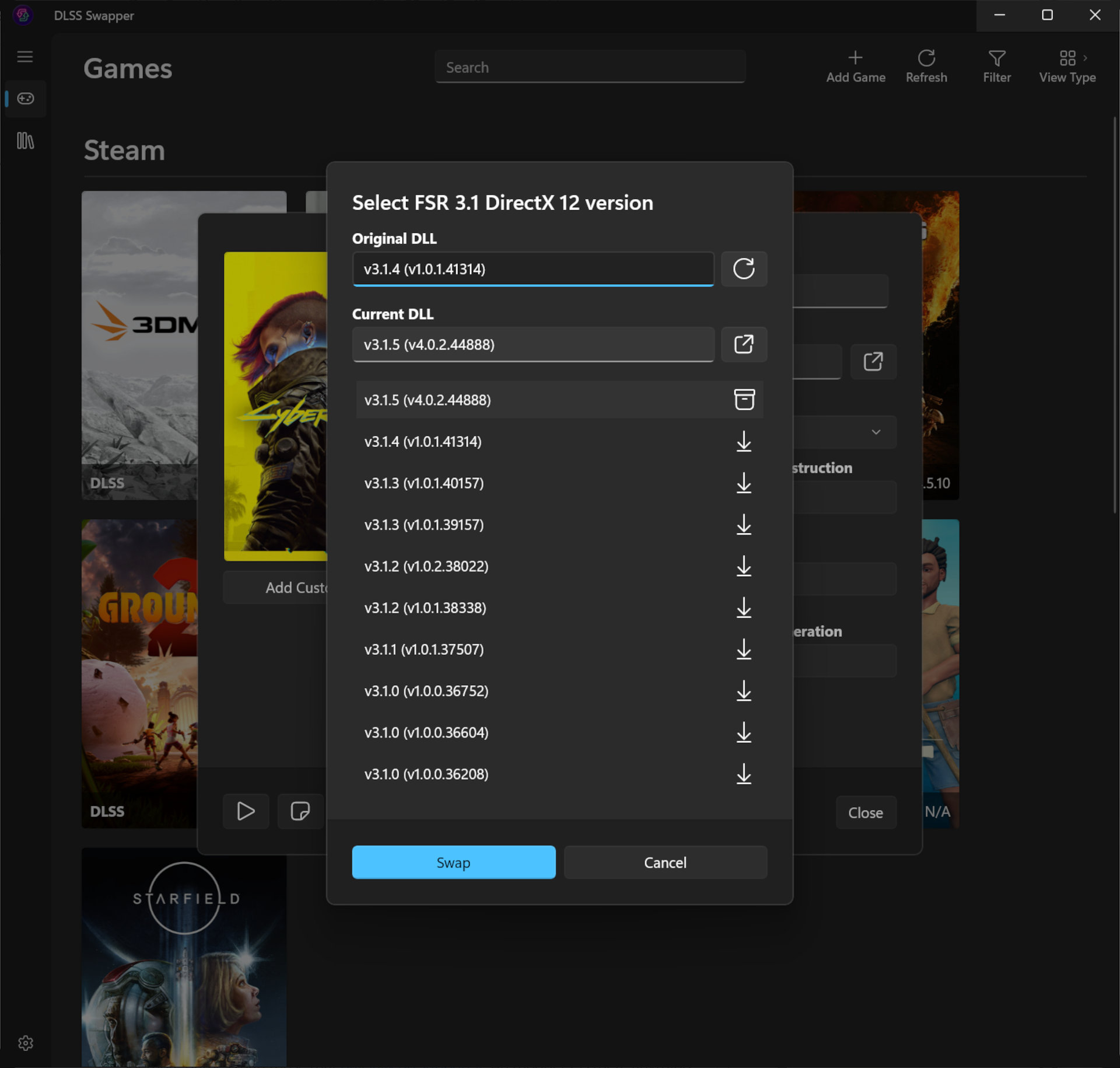 A screenshot of the DLSS Swapper app, showing the implementation of the FSR 4 DLL in Cyberpunk 2077