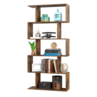 A staggered five-tier wooden bookshelf