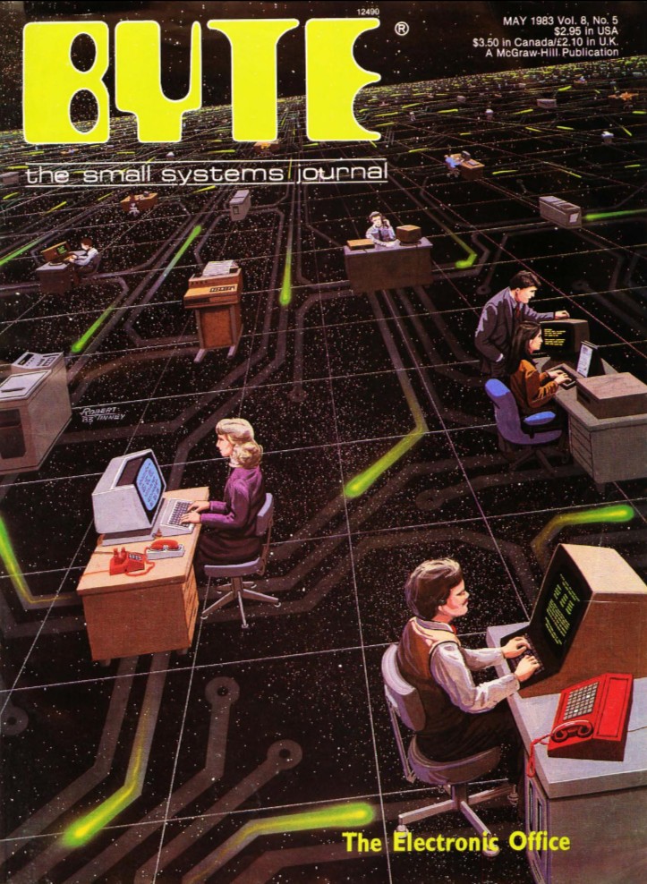 Byte cover showing office workers at desks arranged like nodes on Silicon