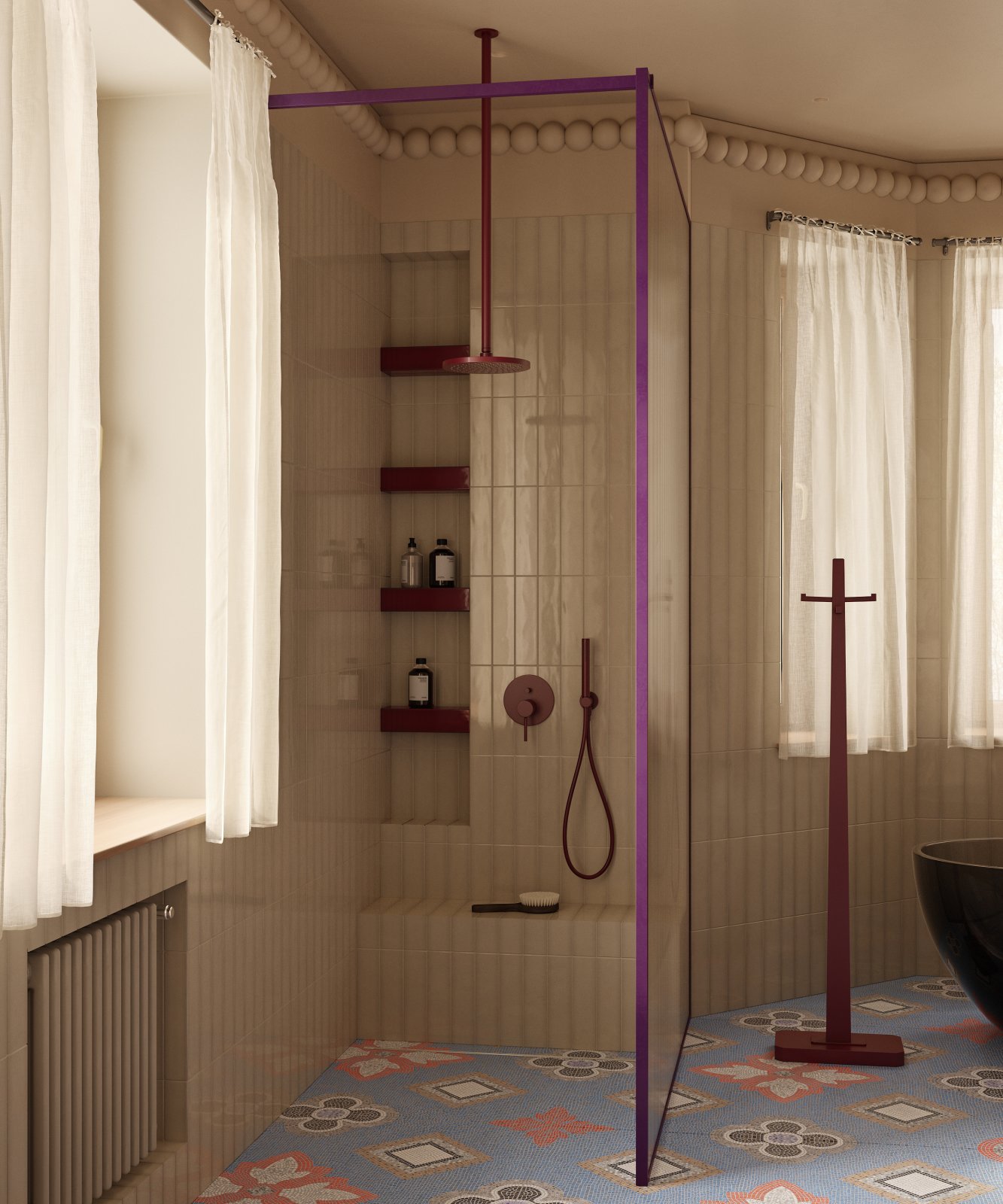 modern bathroom with mosaic floors, purple shower door trim, tiled walls with a built-in bench seat, a shower niche with shelves, bobbin trim around the ceiling, window with short blinds, and a freestanding bath