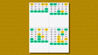 Quordle daily sequence answers for game 793 on a yellow background