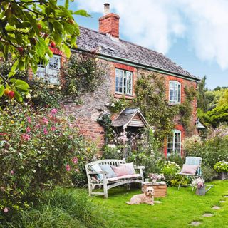 A beautiful cottage garden, with furniture and a dog on the lawn