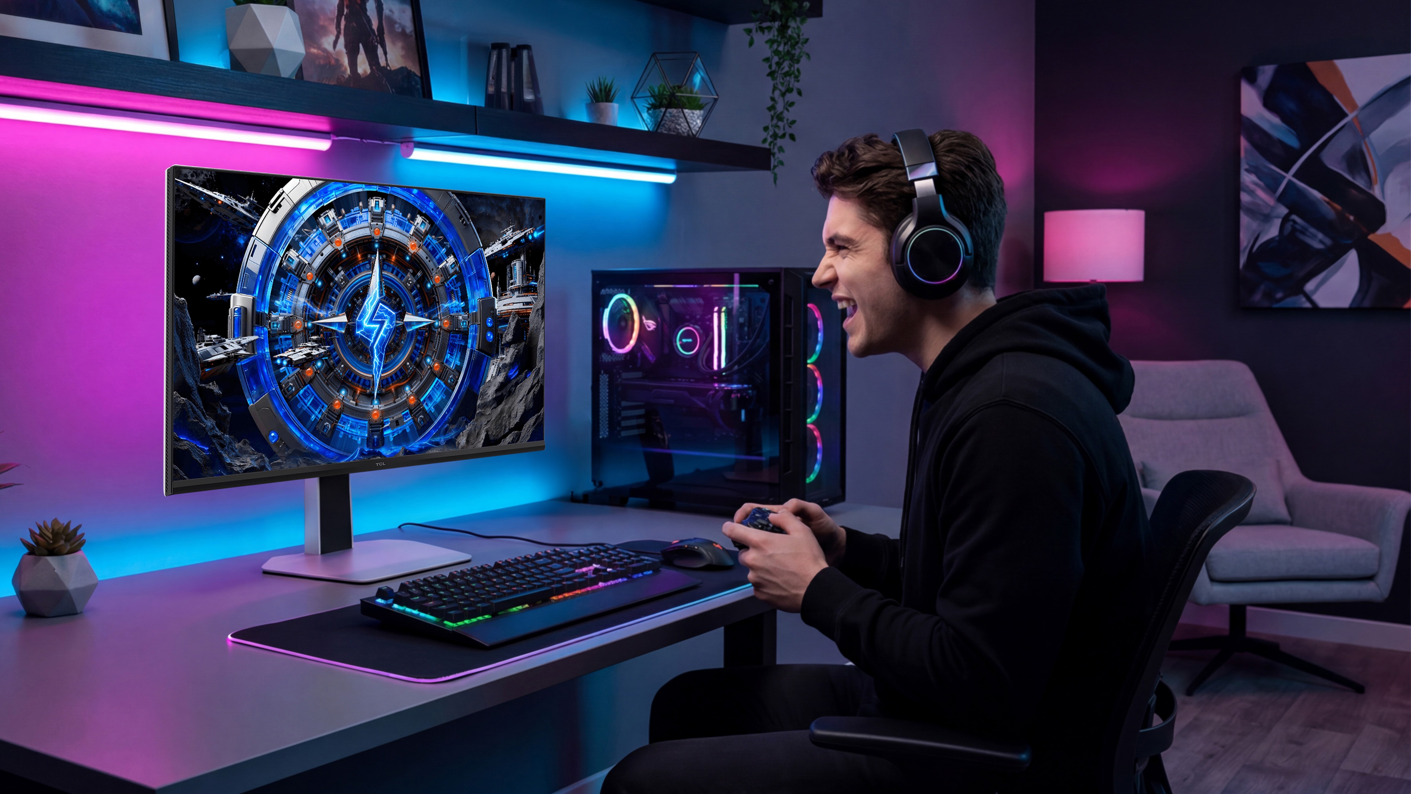 The TCL C2A Pro series gaming monitor sat on a desk in a gaming room.