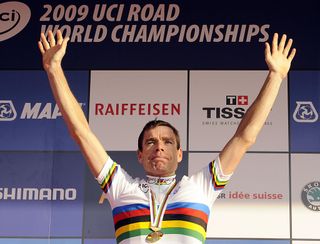 Australia's Cadel Evans is crowned the road race world champion in Mendrisio, Switzerland, in 2009