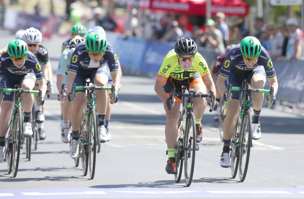 Alex Manly (Orica-Scott), far left, finishes the road race and becomes the U23 champion