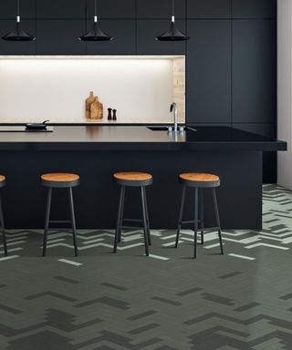 moduleo chevron pattern vinyl flooring in a modern dark blue kitchen