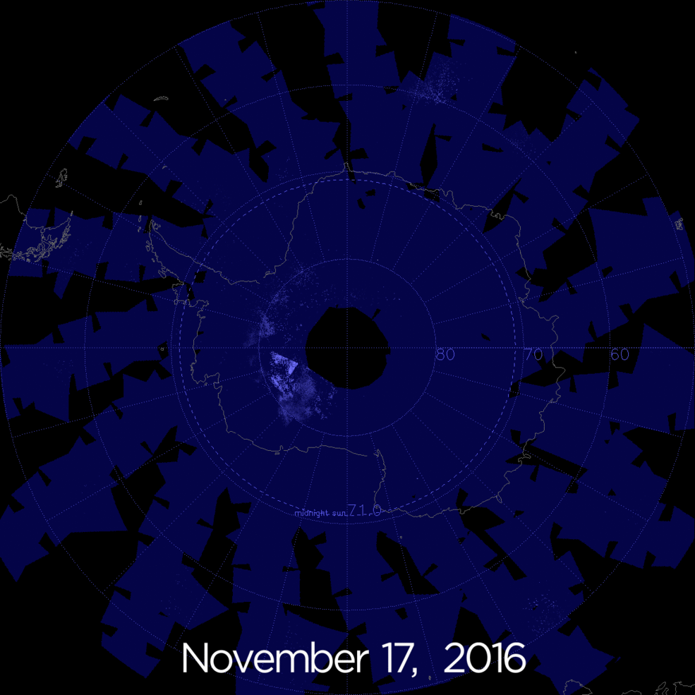 Electric-blue noctilucent clouds shining over Antarctica from Nov. 17 through Nov. 28, 2016, as imaged by NASA’s AIM spacecraft.
