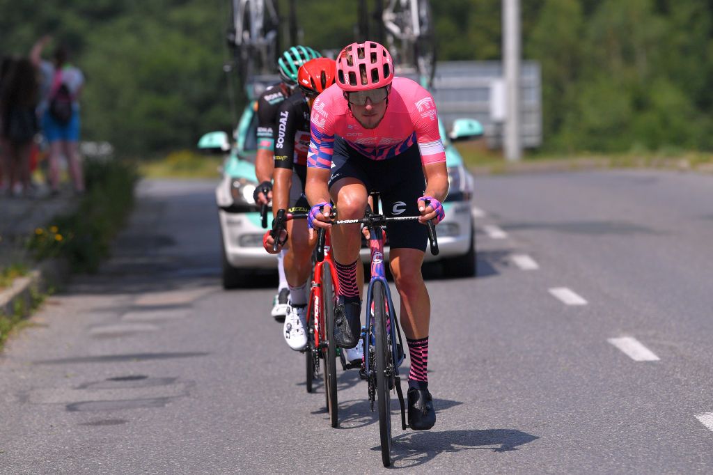 BIELSKOBIALA POLAND AUGUST 07 Jonas Rutsch of Germany and Team EF Education First Thomas De Gendt of Belgium and Team Lotto Soudal Breakaway during the 77th Tour of Poland 2020 Stage 3 a 2031km stage from Wadowice to BielskoBiaa 433m TourdePologne tdp20 on August 07 2020 in BielskoBiala Poland Photo by Luc ClaessenGetty Images