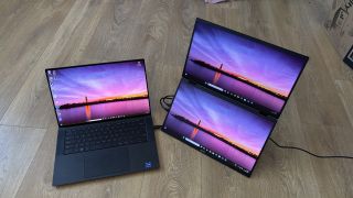 Acer PD3 Dual-Screen portable monitor hooked up to a Windows laptop