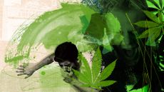 Man coughing on top of a background that includes marijuana leaves; he is suffering from Cannabinoid hyperemesis syndrome