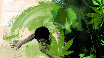 Man coughing on top of a background that includes marijuana leaves; he is suffering from Cannabinoid hyperemesis syndrome