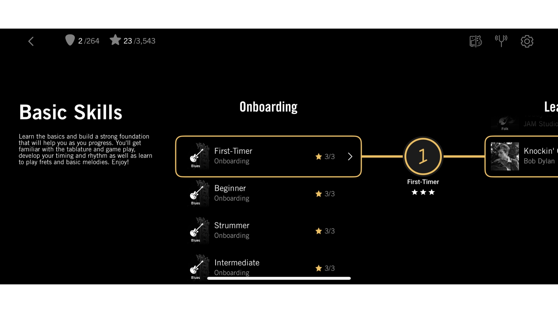 A screenshot of the Gibson guitar lessons app showing the basic skills screen