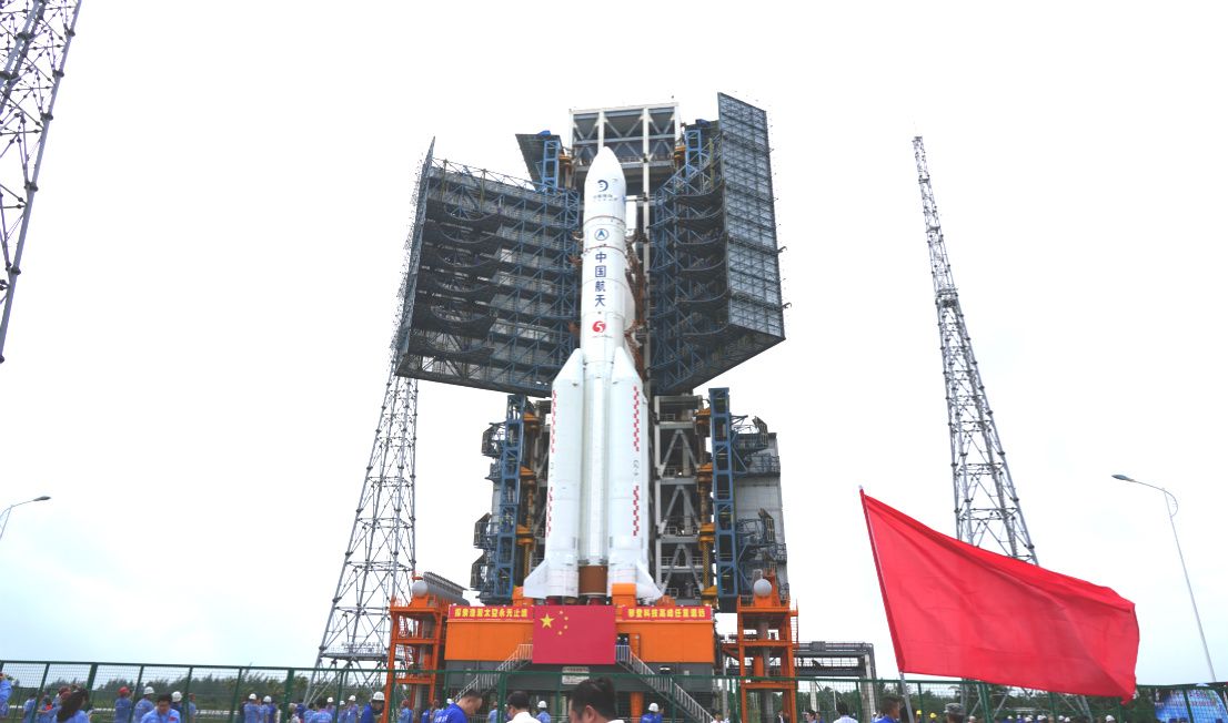 A Chinese Long March 5 rocket carrying the Chang&#039;e 5 moon sample-return spacecraft rolls out to the launch pad at the Wenchang Satellite Launch Site on Hainan Island on Nov. 17, 2020.