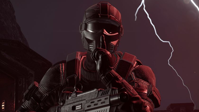 A Helldivers making a hushing gesture while wearing a Redacted Regiment armor set.