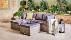 Aldi rattan corner sofa and footstool in a garden with tiled patio and planted flowerbeds