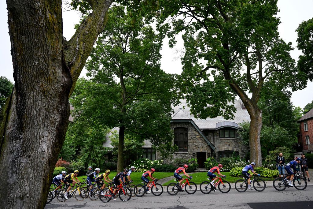 MONTREAL QUEBEC SEPTEMBER 10 A general view of the peloton passing through a landscape during to the 12th Grand Prix Cycliste de Montreal 2023 a 2214km one day race from Montreal to Montreal UCIWT on September 10 2023 in Montreal Quebec Photo by Dario BelingheriGetty Images