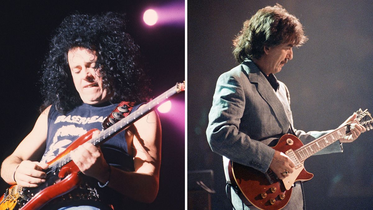 Steve Lukather playing onstage and George Harrison holding a Les Paul in the 1990s