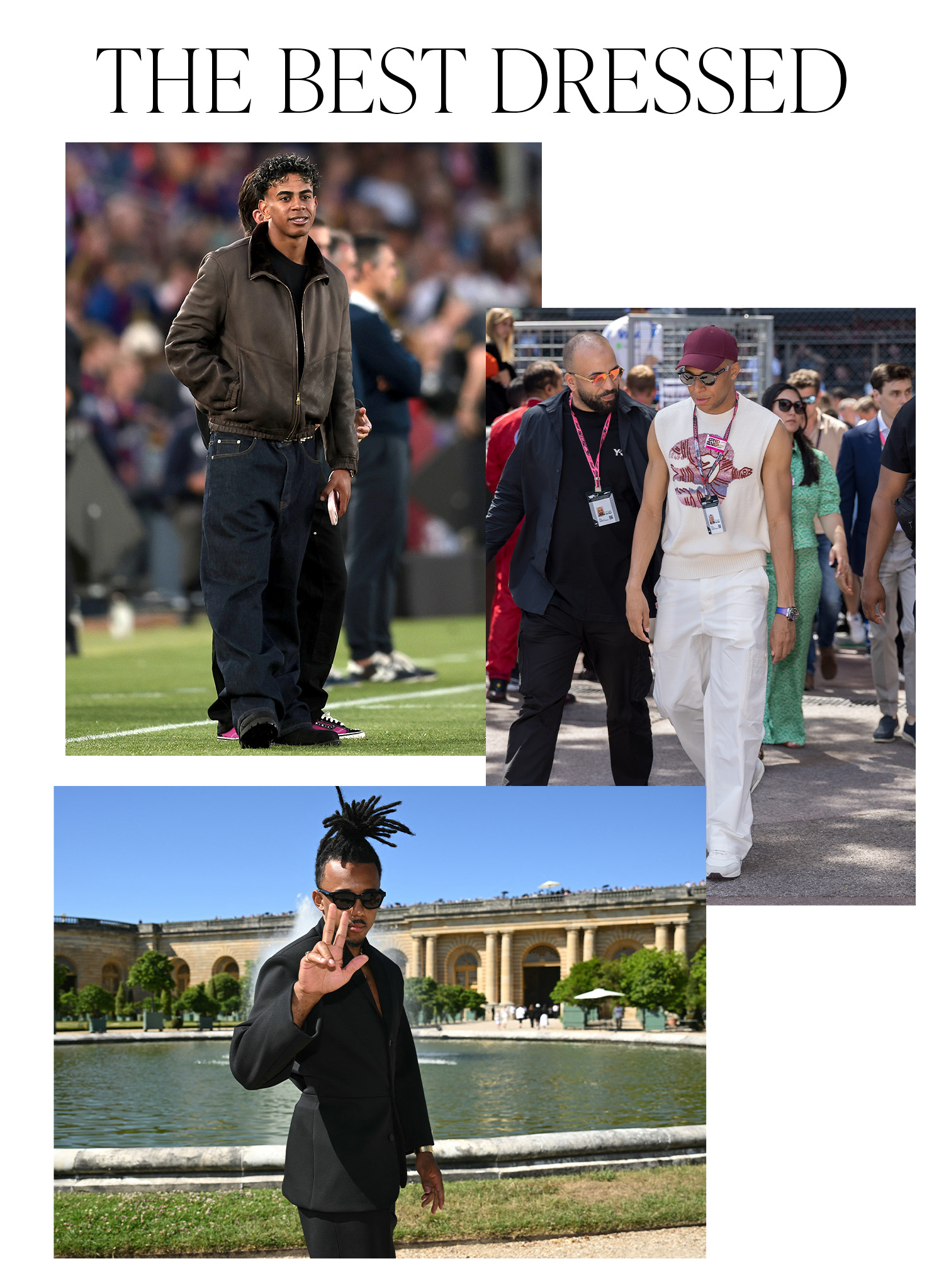 A slide titled, "The Best Dressed," with photos of Lamine Yamal, Kylian Mbapp&amp;eacute;, and Jules Kounde on it.
