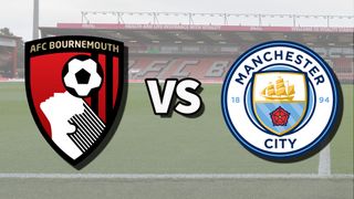 The AFC Bournemouth and Manchester City club badges on top of a photo of the Vitality Stadium in Bournemouth, England