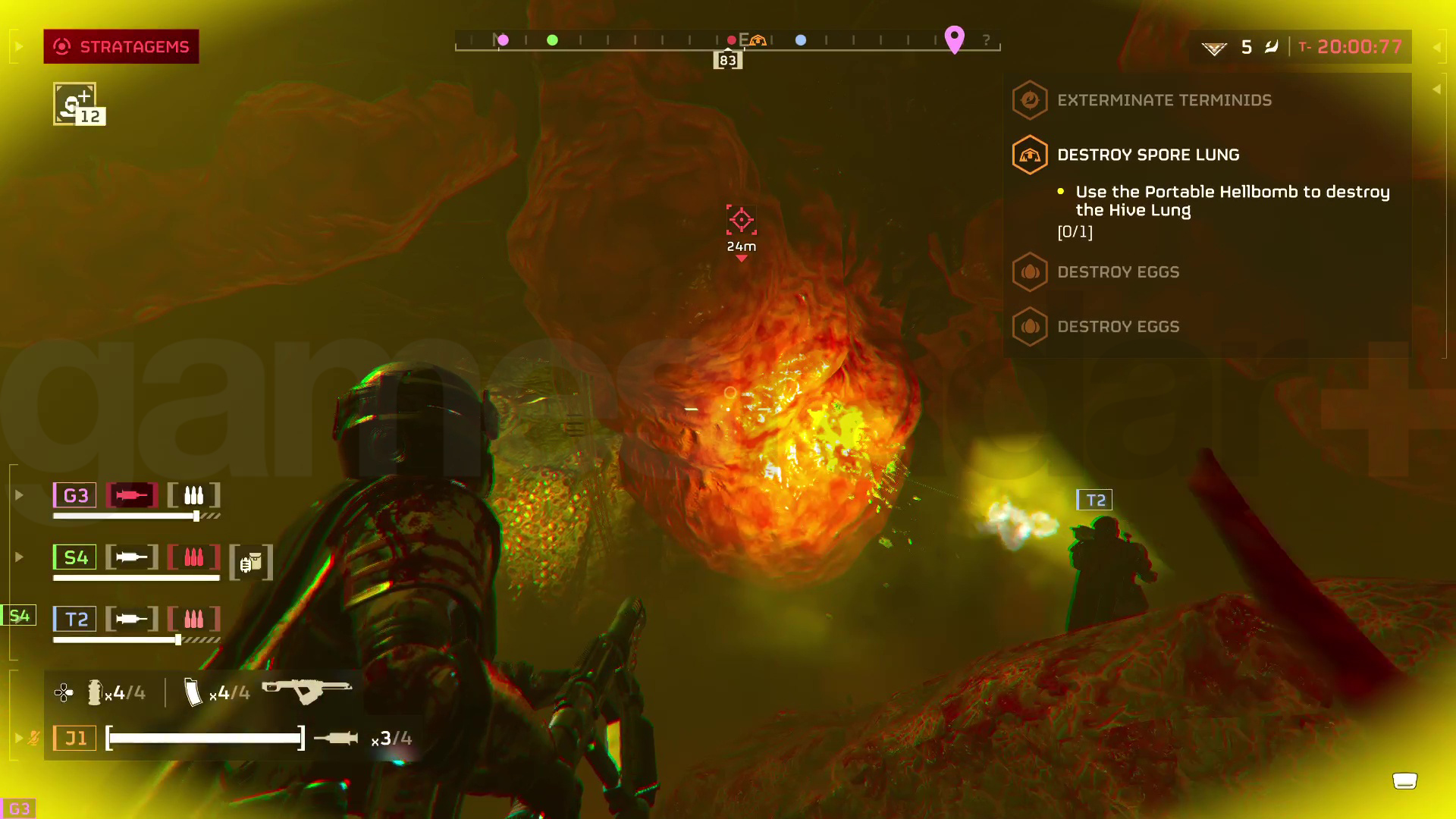 A player in Helldivers 2 looks up at a Hive Spore Lung