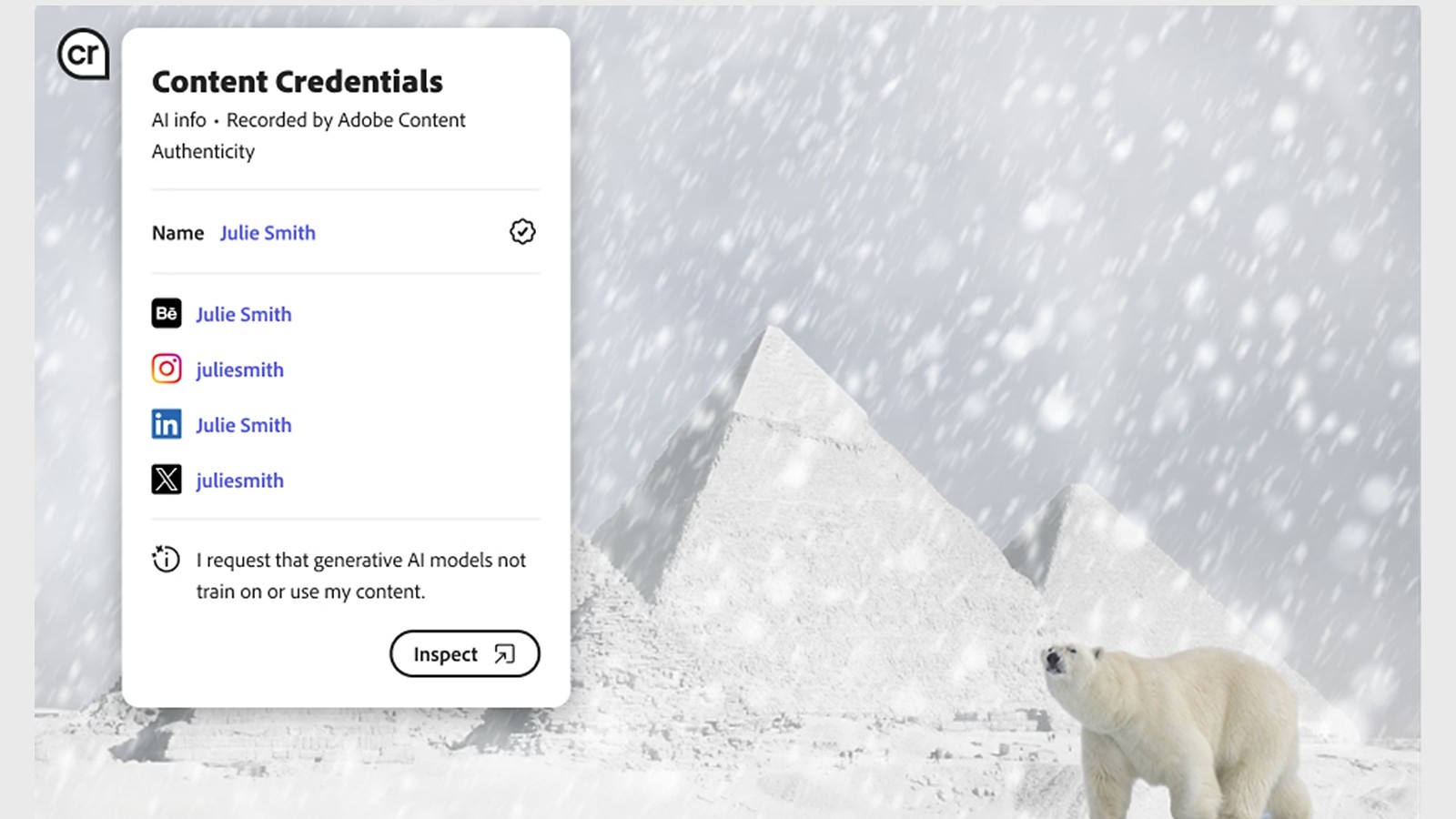 A digital overlay titled "Content Credentials" displays AI info recorded by Adobe Content Authenticity. The card shows the name Julie Smith with links to her profiles on Behance, Instagram, LinkedIn, and X (Twitter). A note also states, "I request that generative AI models not train on or use my content." This information is presented alongside an image of a polar bear in a snowy landscape with pyramids in the background.