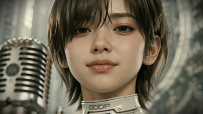 Screenshot from Stellar Blade: Blood Rain's Wanna be in LOVE music video, showing protagonist Evie smiling down at the camera with a microphone in her face.