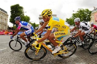Alberto Contador (Astana) resplendent in yellow on the Tour's final day.