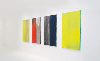 Four paintings: 1. Half yellow, half black 2. Half red, half silver 3. Half silver, half black and 4. Lemon yellow