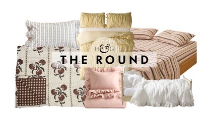 Vintage-inspired bedding, featuring floral-print quilted, ruffled shams, and ruched cotton duvets, pictured against a white background