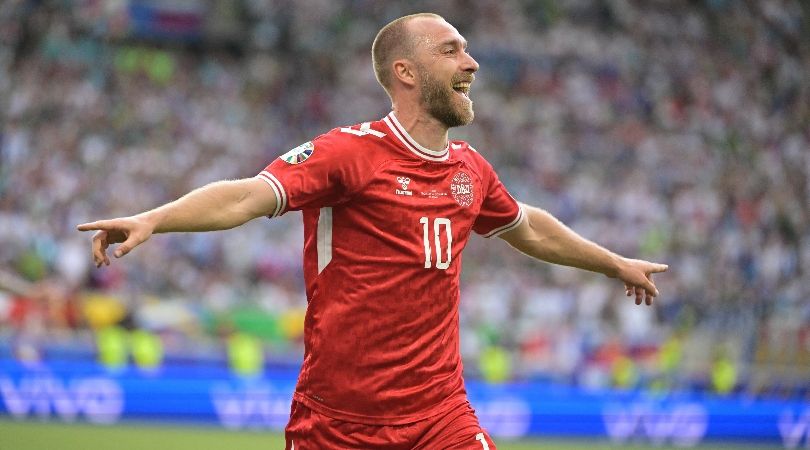 Christian Eriksen celebrates after scoring for Denmark against Slovenia at Euro 2024.