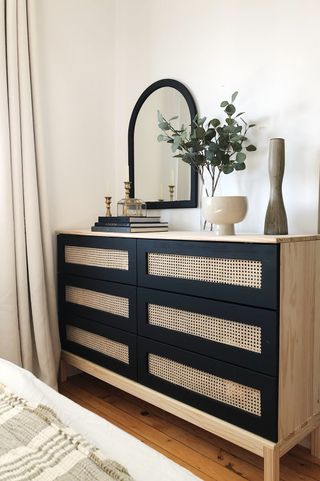 A rattan and black IKEA dresser hack Tarva