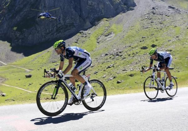 A helicopter keeps an eye on Alejandro Valverde (Movistar)