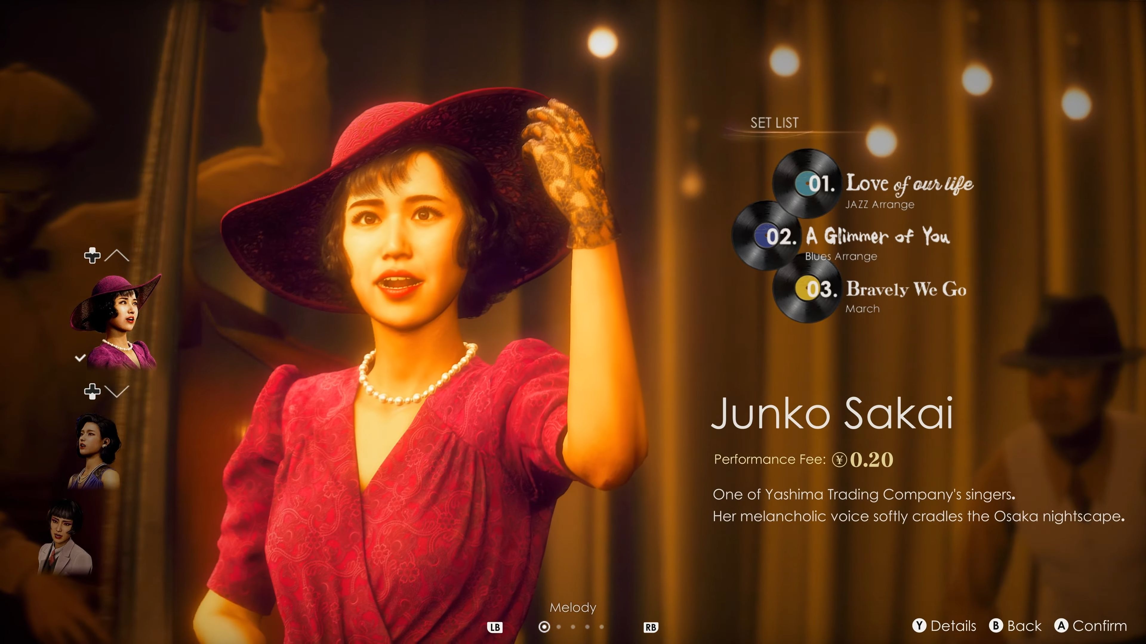 Stranger Than Heaven - A einger named Junko Sakai appears in an interface where the player can select singers and vinyl record song tracks for a performance