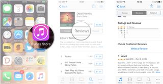 Launch the iTunes Store, go to the media you want to see reviews for, tap Reviews