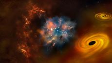 An illustation showing a twinkling burst of starlight at the center of a turbulent field of crackling orange radiation and glowing black holes.