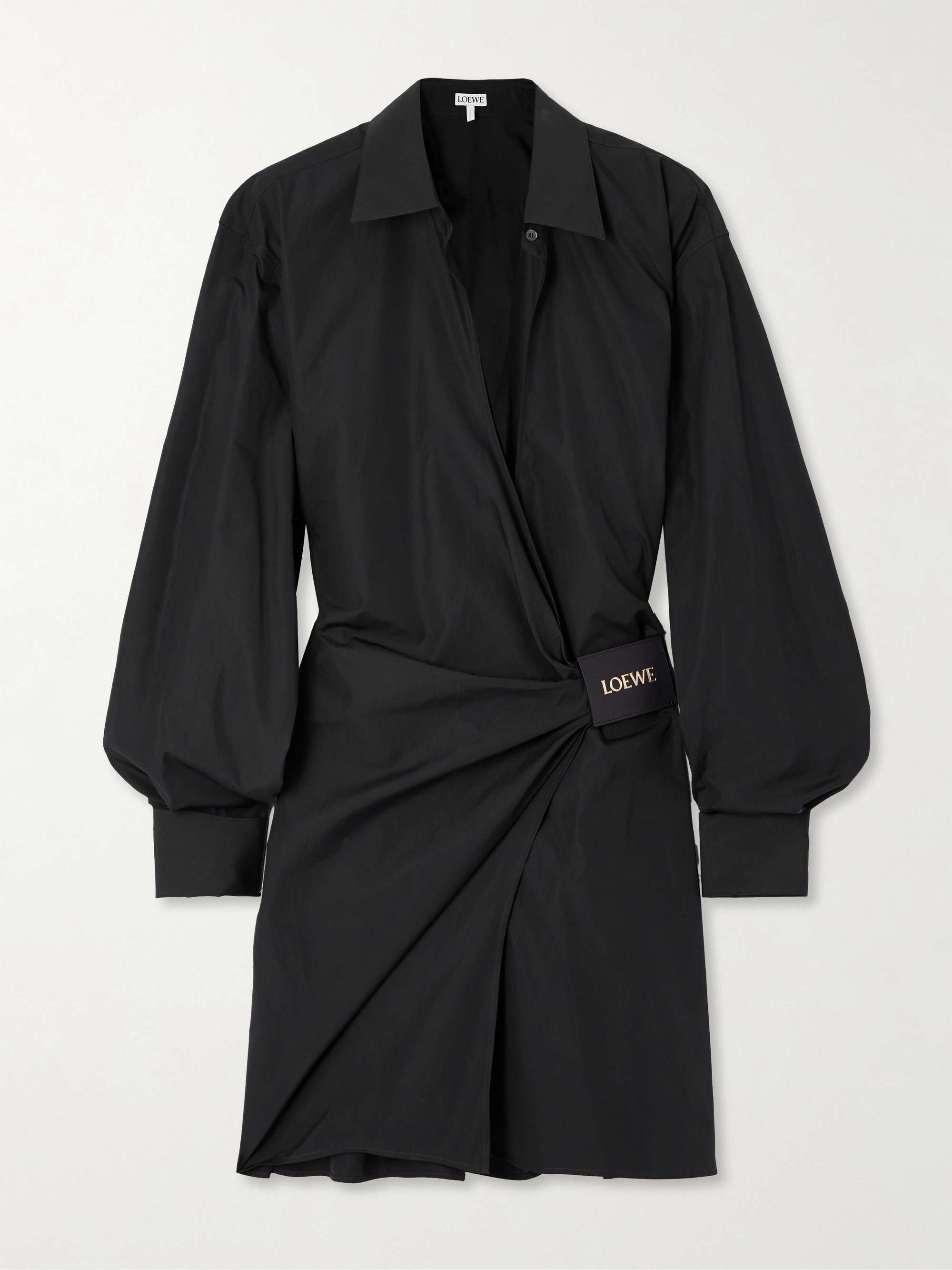 Wrap-Effect Leather-Trimmed Draped Cotton-Poplin Mini Shirt Dress
