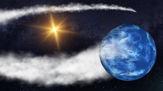 A dark blue sphere creating a circular trail of white smoke with a yellow multi-pointed star at its center.