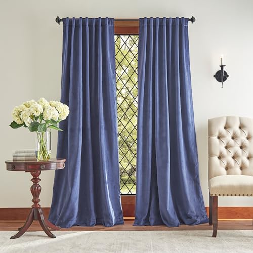 Martha Stewart Lucca Velvet Blackout Back Tab Window Curtain Panel Pair, 95", Navy Blue