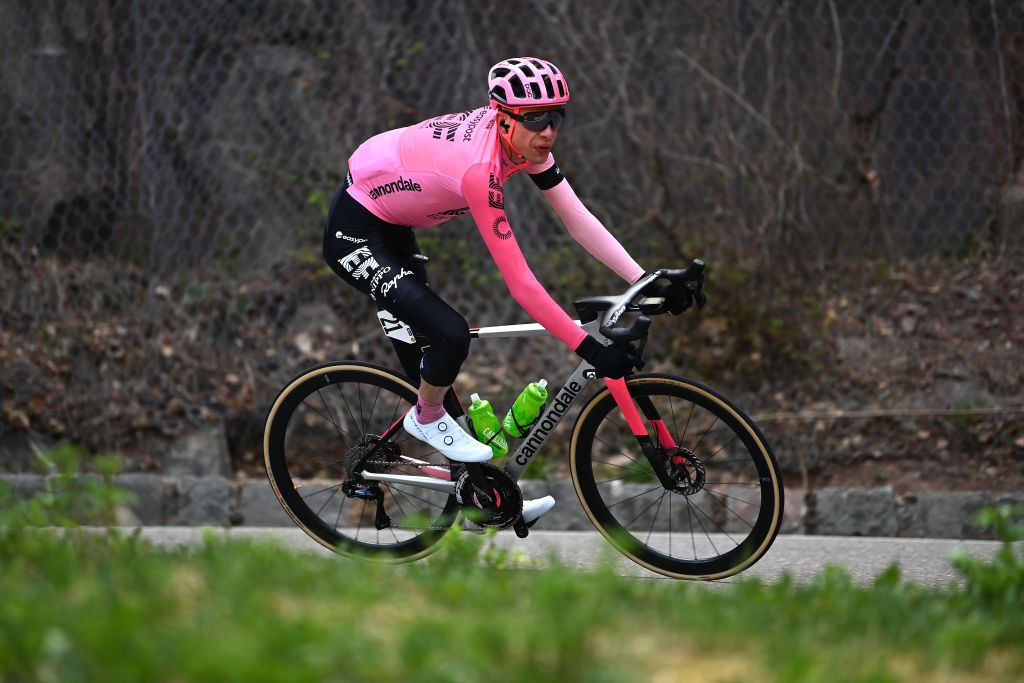 BRENTONICO SAN VALENTINO ITALY APRIL 19 Hugh Carthy of United Kingdom and Team EF EducationEasypost competes during the 46th Tour of the Alps 2023 Stage 3 a 1625km stage from Ritten to Brentonico San Valentino 1321m on April 19 2023 in Brentonico San Valentino Italy Photo by Tim de WaeleGetty Images