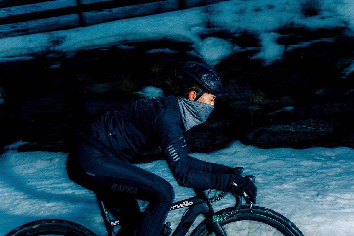 Female rider in full Rapha winter kit riding